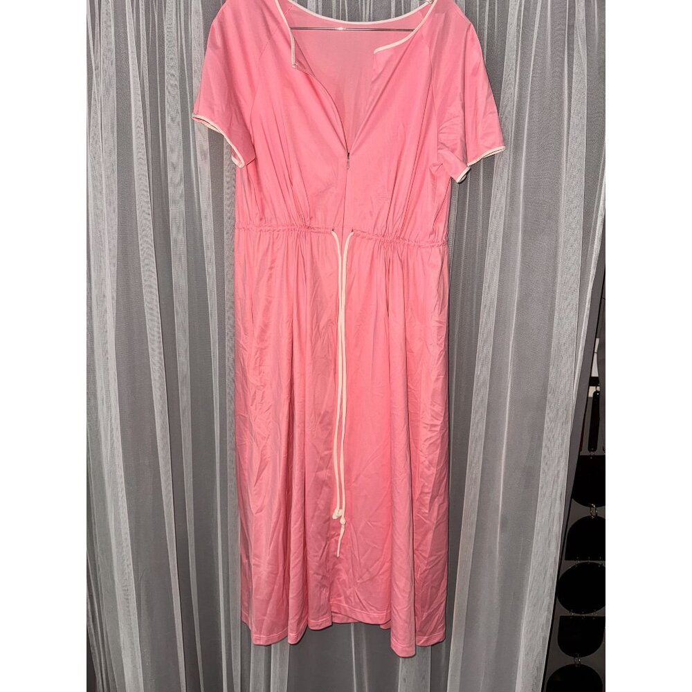 Pink Short-Sleeve Drawstring Waist Dress With Pockets & White Trim